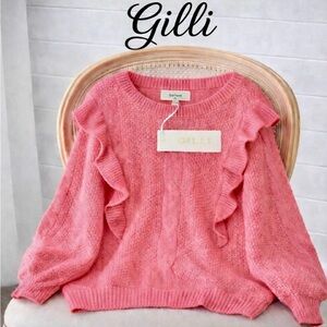 Gilli NWT Women's Ruffle Cable Knit Pullover Sweater Size L Pink Valentine’s Day